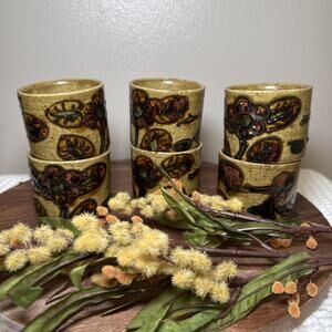 Vintage MOC Japan Stoneware Tumblers Floral Earth Tone Cups Set of 6
